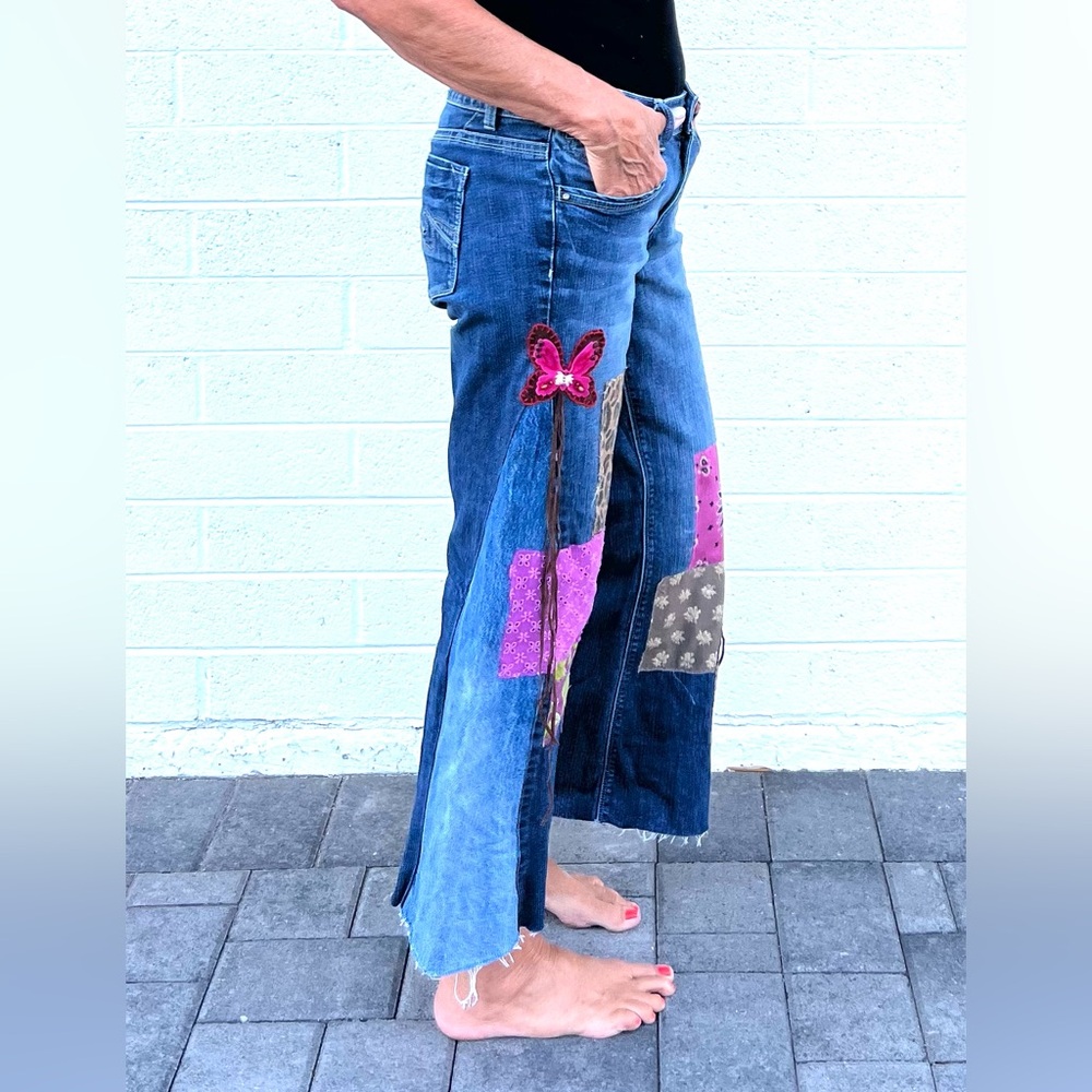 Upcycled wide leg mid rise jeans with patchwork and butterfly embellishments - Picture 8 of 9